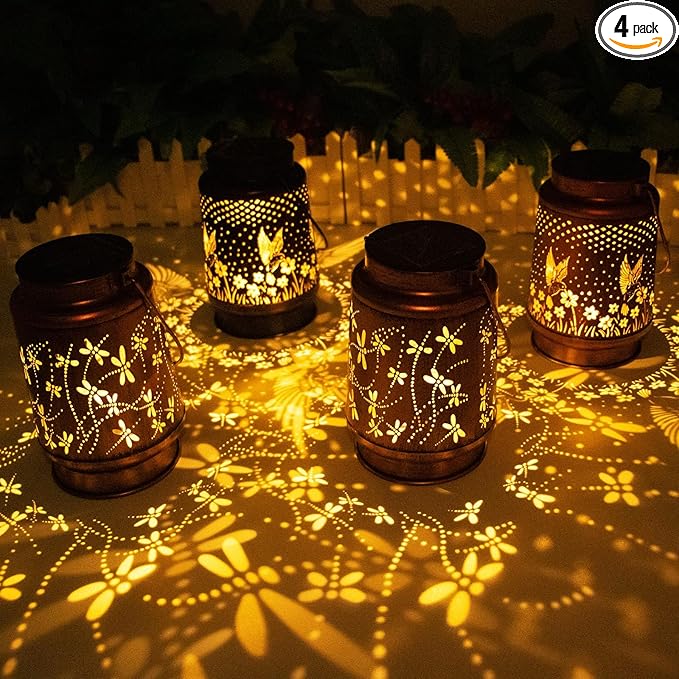 4 Packs Dragonfly&Hummingbird Solar Lantern Lights Outdoor Decor, Hanging Metal Decorations Waterproof with LED Light, Landscape Lights for Garden Patio Yard Lawn Backyard Front Porch-VerdiqueGarden