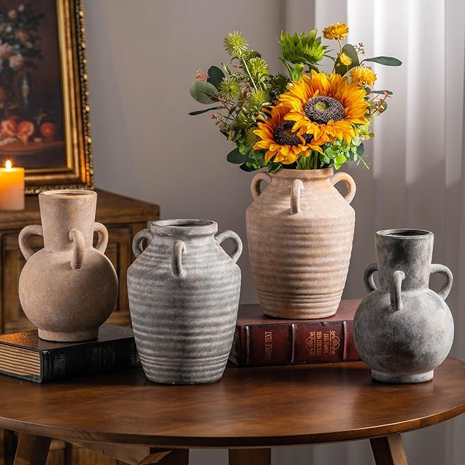 Beige Vintage Terracotta Ceramic Vase with Handles, Rustic Pottery Tulip Vase for Cottage Core Home Mantle Decor, Large Bulk Flower Vases Farmhouse Table Centerpieces, Jarrones Decorativos para Sala-VerdiqueGarden