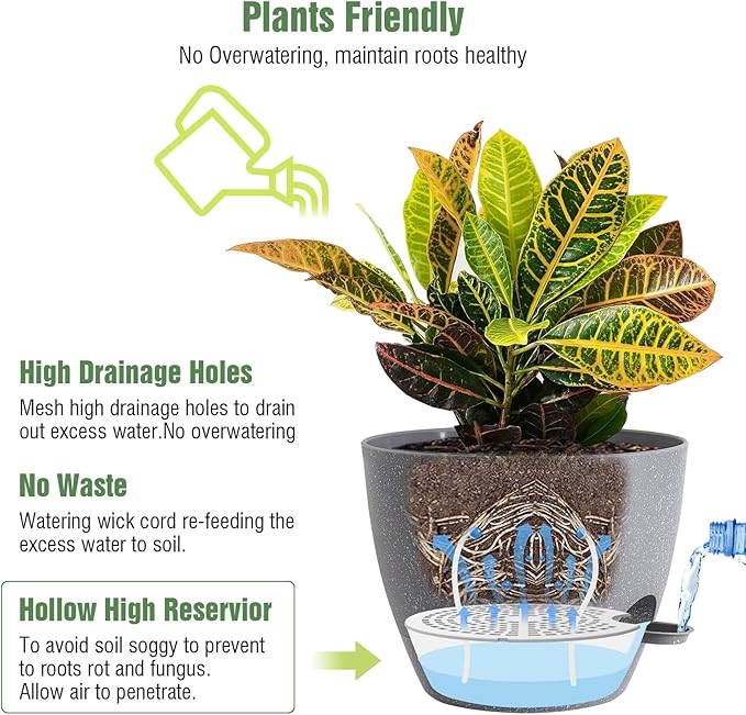 10/9/8 inch Self Watering Pots, Set of 3 Plastic Planters with Mesh Drainage Holes and Deep Reservoir for Indoor Outdoor Garden Plants and Flowers, Grey Speckles-VerdiqueGarden