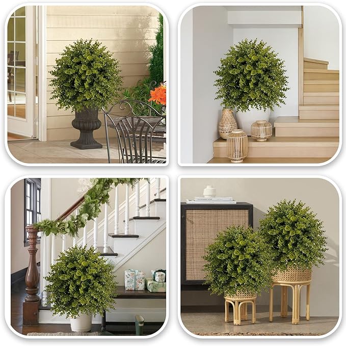 ICX 2 Set 25" Artificial Eucalyptus Topiary Ball Trees with Ground Spike,Artificial Plants Outdoor,Fake Bushes & Shrubs for Porch, Garden, Front Porch Decor - Indoor/Outdoor Faux Plants-VerdiqueGarden