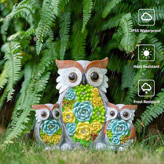 Solar Garden Statue Lights Owl Figurine with LED Lights, Outdoor Garden Succulent Ornaments Waterproof Decoration for Outside Patio Yard Lawn Decor-VerdiqueGarden