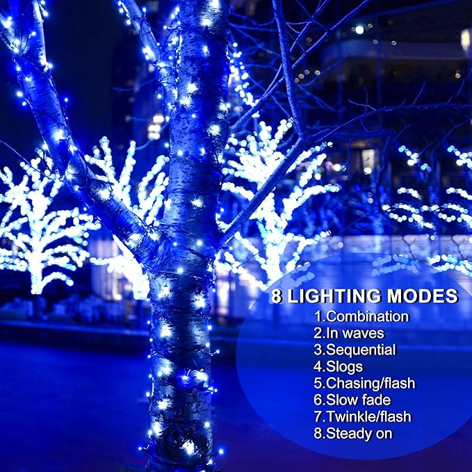 164ft 500 LED Blue White Christmas Lights Outdoor,8 Modes String Light Indoor Bedroom,Clear Wire Twinkle Lights Plug in for Christmas Outside Tree Yard Wedding Decorations(164FT,Blue&White)-VerdiqueGarden