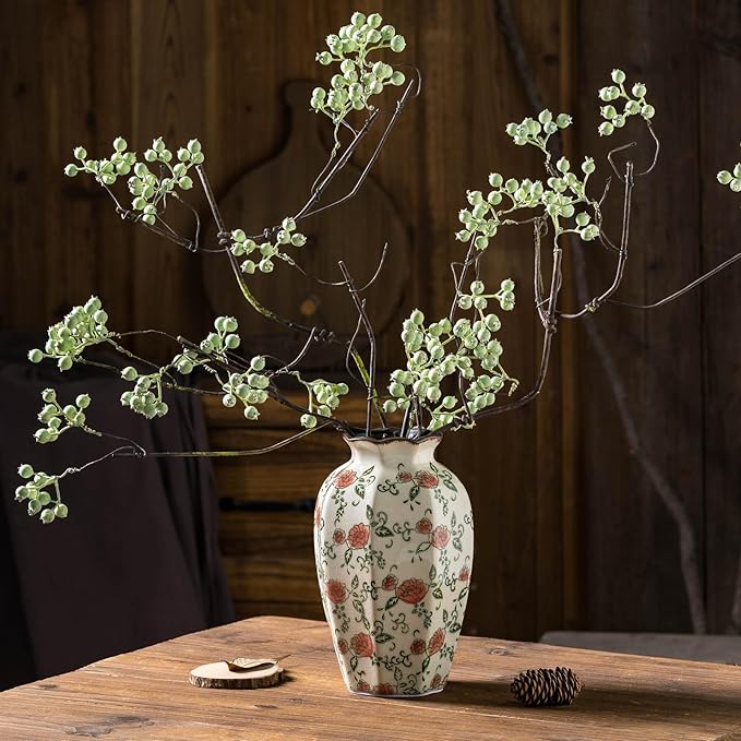 Green&Beige Vintage Octagonal Vase, Red Rose Chinoiserie Floral Vase, Farmhouse Antique Decorative Ceramic Flower Vases for Bouquet, Home Decor, Living Room, Bookshelf, Office, Tuscan Decor 9.1 Inch-VerdiqueGarden