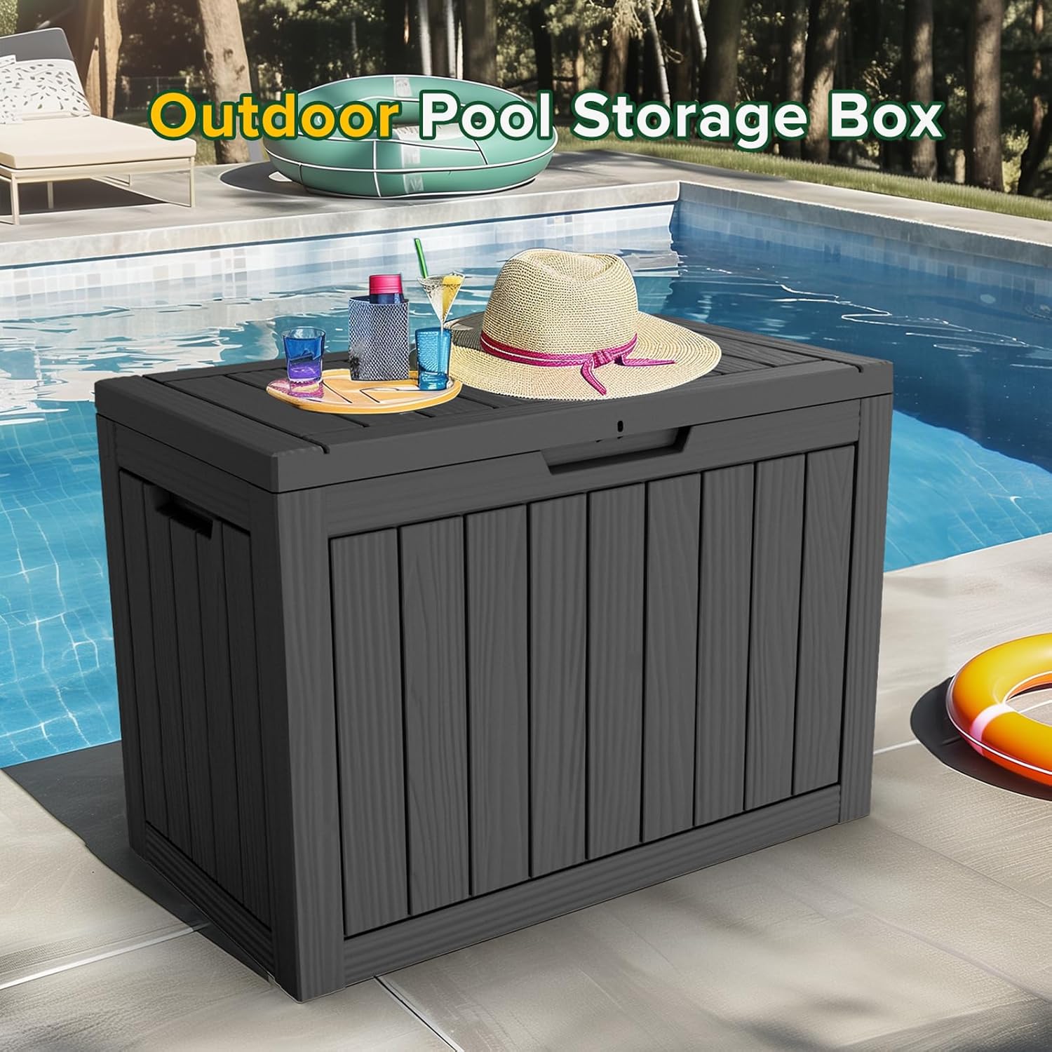 45 Gallon Waterproof Deck Box, Lockable Resin Storage Box for Patio Furniture Cushions, Garden Tools & Outdoor Delivery - Black, Easy Assembly, Multipurpose Patio Seat Bench-VerdiqueGarden