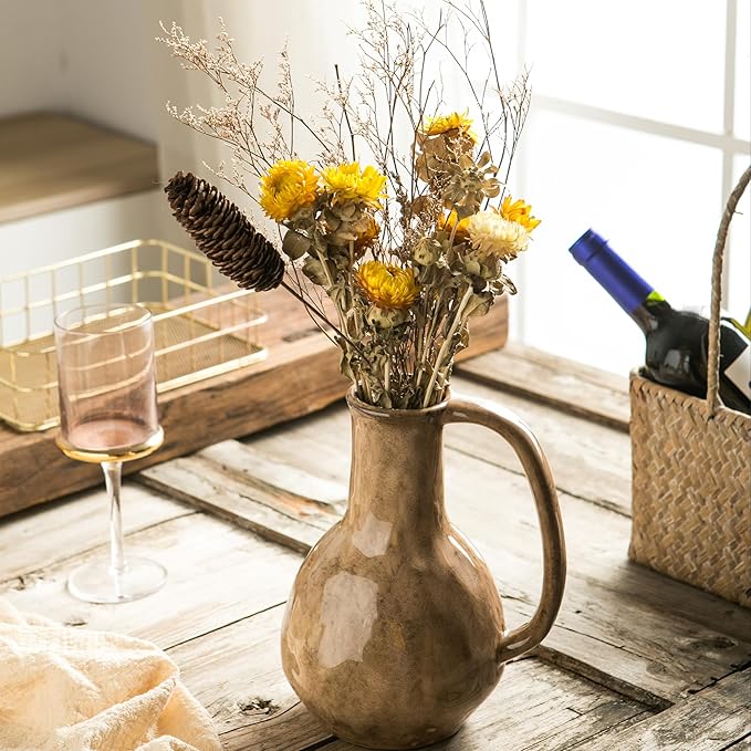 Brown Ceramic Vase with Big Handles, Modern Farmhouse Decor, Rustic Pottery for Flowers, Decorative Terracotta Centerpiece for Dining Table-VerdiqueGarden