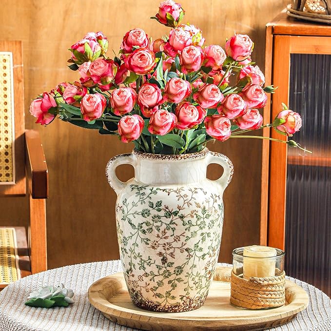 Enra Farmhouse Vintage vase with Handle,9.4 in Ceramic Chinoiserie Floral Vase,Green and Beige Decorative Flower vase,Large Rustic Vases for Home Decors, Living Room, Bookshelf, Office-VerdiqueGarden