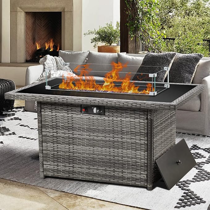 Propane Fire Pit Table,44 Inch 55000 BTU Outdoor Gas Fire Pit Rectangular with Glass Wind Guard for Outside Patio Deck (Gray-Glass Top)-VerdiqueGarden
