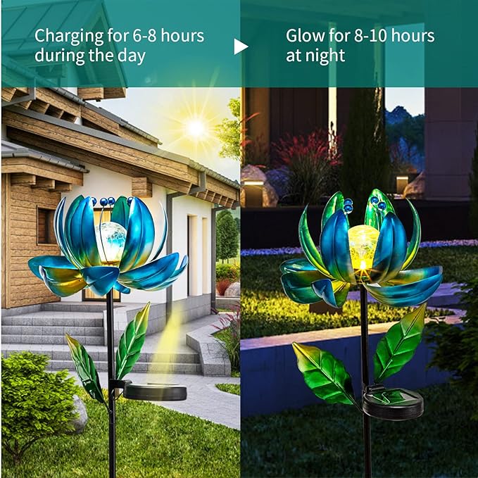 Huaxu Solar Outdoor Lights 35.4In Garden Decor Flower Wind Spinners,Waterproof LED Crackle Glass Globe Blue Lotus Art Metal Stake for Lawn Patio Pathway Yard Porch Driveway Decorations Gift-VerdiqueGarden