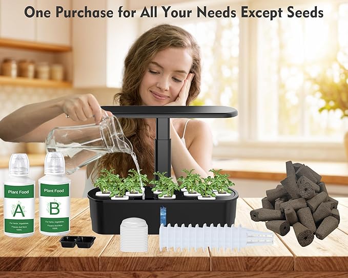 Hydroponics Growing System Kit 12 Pods Indoor Garden, Hydroponic Herb Garden Kit Indoor with LED Grow Light, Smart Indoor Garden, Adjustable Height, Auto Timer, Quiet Pump, Gift for Mom Women, Black-VerdiqueGarden