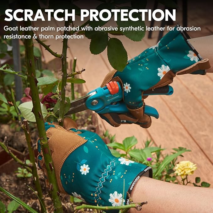 Vgo... 1Pair Gardening Gloves for Women, Goatskin leather Thorn Proof Working Gloves for Weeding, Digging, Raking, Pruning and Planting,Touchscreen(L,Dark Green,GA7471)-VerdiqueGarden