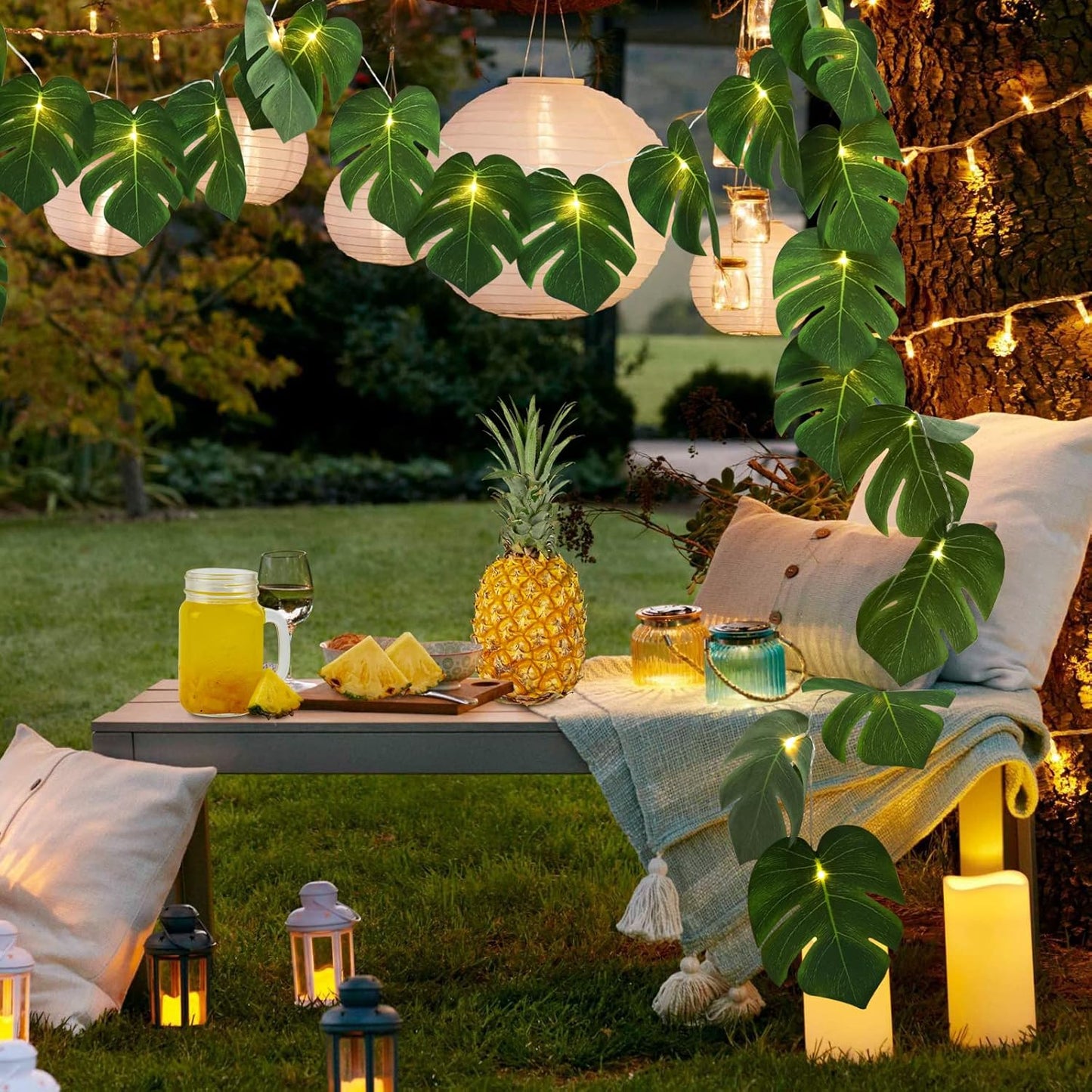 RECUTMS Artificial Tropical Palm Leaves String Lights, Large Size 20 LED Monstera Leaf Wall Hanging Vine Greenery,Outdoor Indoor Hawaiian Luau Jungle Beach Safari Baby Shower Party Spring Summer Decor-VerdiqueGarden