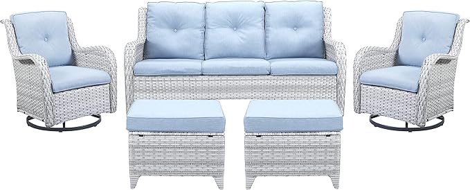 5 Piece Outdoor Patio Furniture Set - Wicker Furniture Patio Conversation Set, Outdoor Swivel Rocker Chairs with 3-Seater Sofa and 2 Ottomans for Small Space, Baby Blue Cushion-VerdiqueGarden