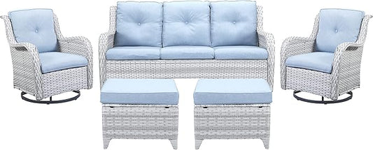 5 Piece Outdoor Patio Furniture Set - Wicker Furniture Patio Conversation Set, Outdoor Swivel Rocker Chairs with 3-Seater Sofa and 2 Ottomans for Small Space, Baby Blue Cushion-VerdiqueGarden