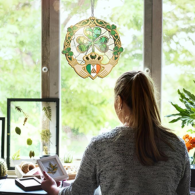 Irish Gifts, Shamrock Decorations - St Patricks Day Decor, Birthday, Christmas, Good Luck, Irish Gifts for Women Men, Claddagh, Celtic Home Decor - Window Suncatcher Hanging Decorations 12 in-VerdiqueGarden