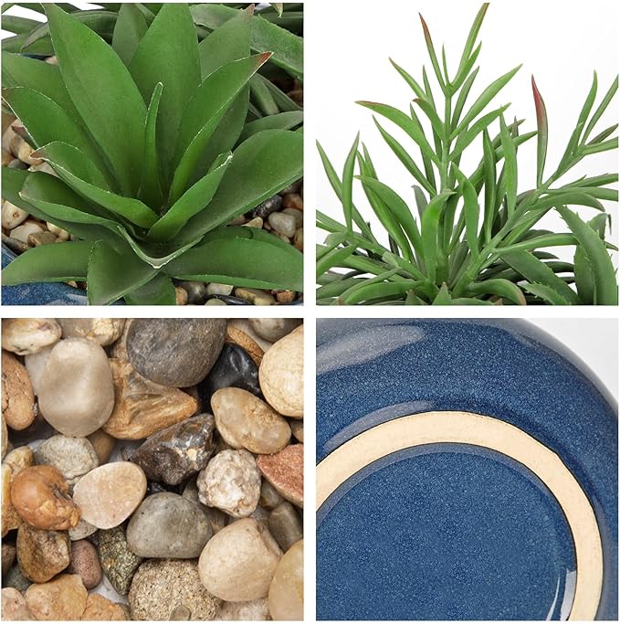 Hollyone Large Artificial Succulents Plants with Blue Vase Faux Succulents Fake Succulent Potted Plant in Ceramic Pot for Home Decor Office Desk Bathroom Living Room Indoor & Outdoor Decorations-VerdiqueGarden