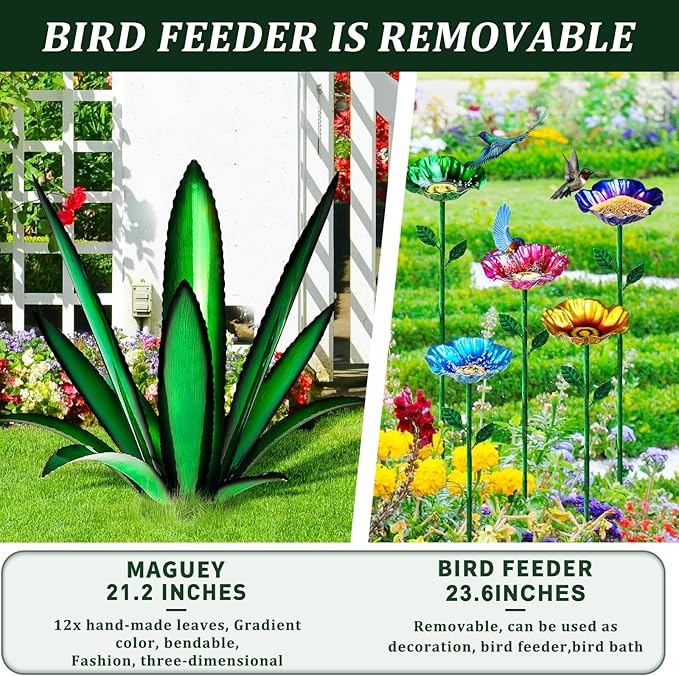 [2024 Upgraded] Large Metal Agave Yard Art, Tequila Rustic Sculpture, Hand Painted Metal Agave Plants with Bird Feeder, Garden Sculpture Statue Outdoor Decor (Green)-VerdiqueGarden