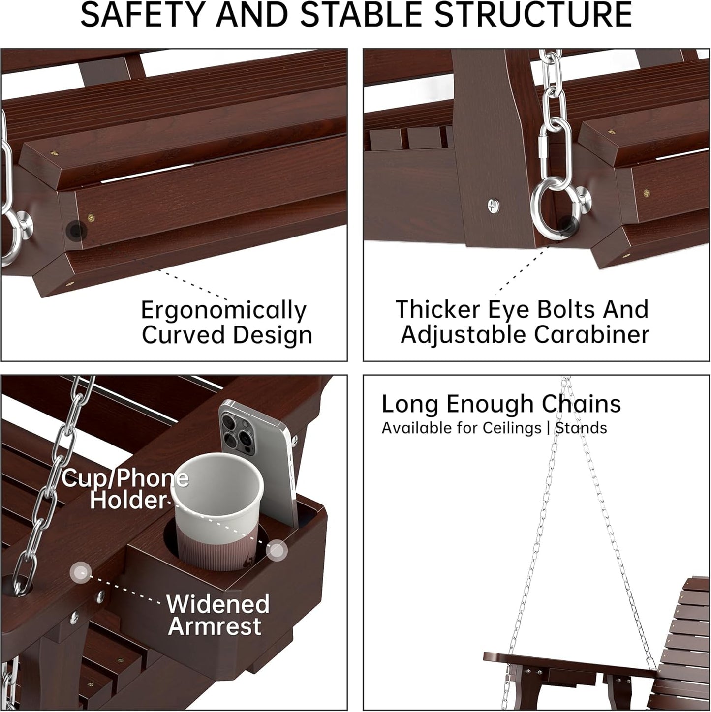 Wooden Outdoor Porch Swings, 2 Seater Front Porch Swing with Upgraded 22" Deep Seat, Heavy Duty 880 Lbs Swing Bench Chair for for Patio, Backyard, Garden (Brown, 4 FT)-VerdiqueGarden