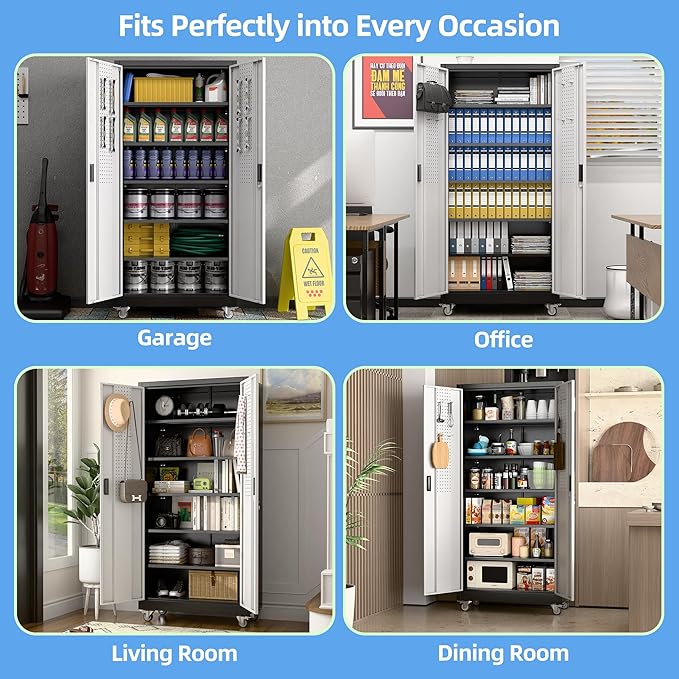 Metal Garage Storage Cabinet with Wheels & Pegboard, Lockable Metal Storage Cabinets with 2 Doors&5 Adjustable Shelves for Garage&Home,Assembly Required,Black Gray 71''H x32''W x16''D-VerdiqueGarden