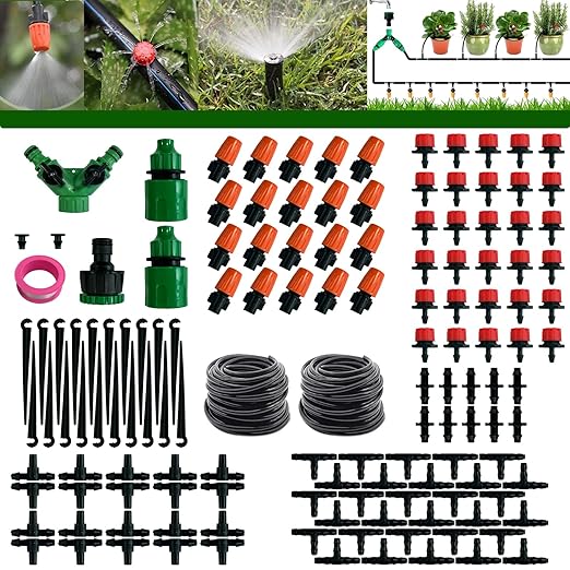 JOPARY 100FT PVC Hose DIY Automatic Flower Waterer Drip Irrigation Kit,Balcony Flower Pot Watering, Smart Watering Drip Irrigation, Irrigation Tubing Hose Adjustable Nozzle Emitters Barbed Fittings-VerdiqueGarden