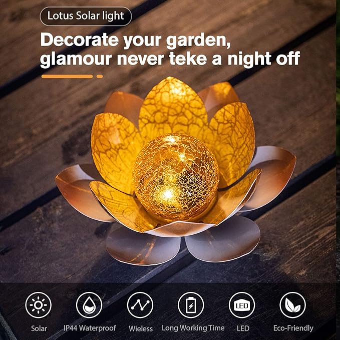 Huaxu Solar Lights Outdoor Garden Decorative Art Metal Lotus Cracked Glass Ball Waterproof Decorations for Pathway Lawn Patio Yard Ground Tabletop Gifts-VerdiqueGarden