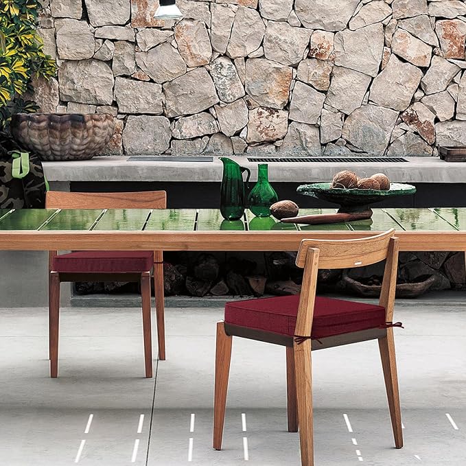 Sunbrella Square Corner Seat Cushions, 19" x 19" x 3", Set of 4, Indoor Outdoor Water Repellent Universal Chair Pads with Ties for Patio Furniture, Garden Dining Chairs, Spectrum Ruby-VerdiqueGarden