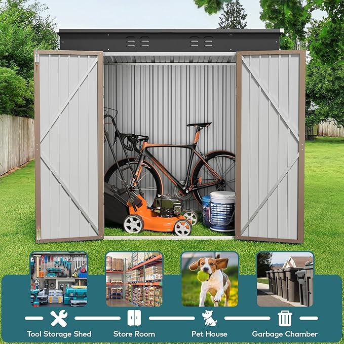 Gizoon 6' x 4' Outdoor Storage Shed with Double Lockable Doors, Anti-Corrosion Metal Garden Shed, Waterproof Shed Outdoor Storage Clearance for Backyard Patio Lawn-Brown-VerdiqueGarden