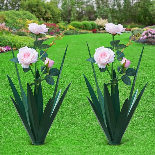 Large Tequila Rustic Sculpture, Home Decor Hand Painted Metal Agave Garden Yard Statue, Outdoor Lawn Ornaments (2 Big Flowers)-VerdiqueGarden