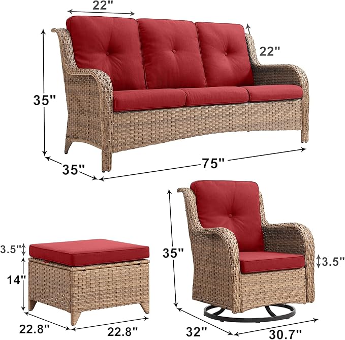 Outdoor Wicker Patio Furniture Set - 5 Piece Rattan Patio Conversation Set with 2 Rocking Swivel Chairs,2 Ottomans and 1 Sofa for Porch Deck Backyard Garden(Yellow/Red)-VerdiqueGarden