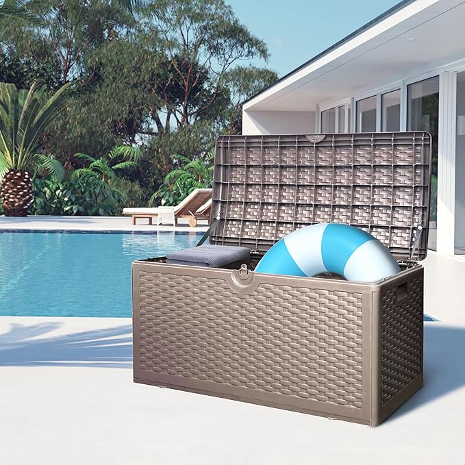 80 Plus Gallon Outdoor Storage Box, Waterproof Resin Deck Box Outdoor Storage Bin for Patio, Poolside, and Garden, Lockable & UV-Resistant, Ideal for Small Spaces, Brown-VerdiqueGarden