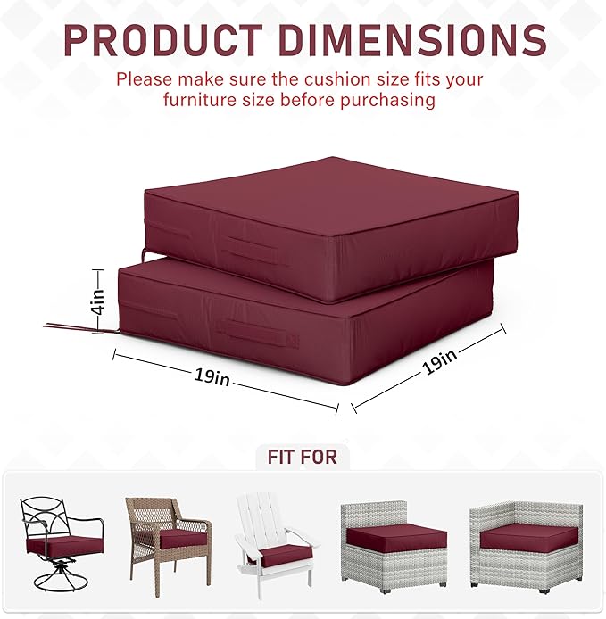 Patio Chair Cushions 19 X 19 X 4 Inch Waterproof Outdoor Seat Cushions for Patio Furniture, Outdoor Sofa Couch Pads with Ties & Handle, Set of 2, Burgundy-VerdiqueGarden