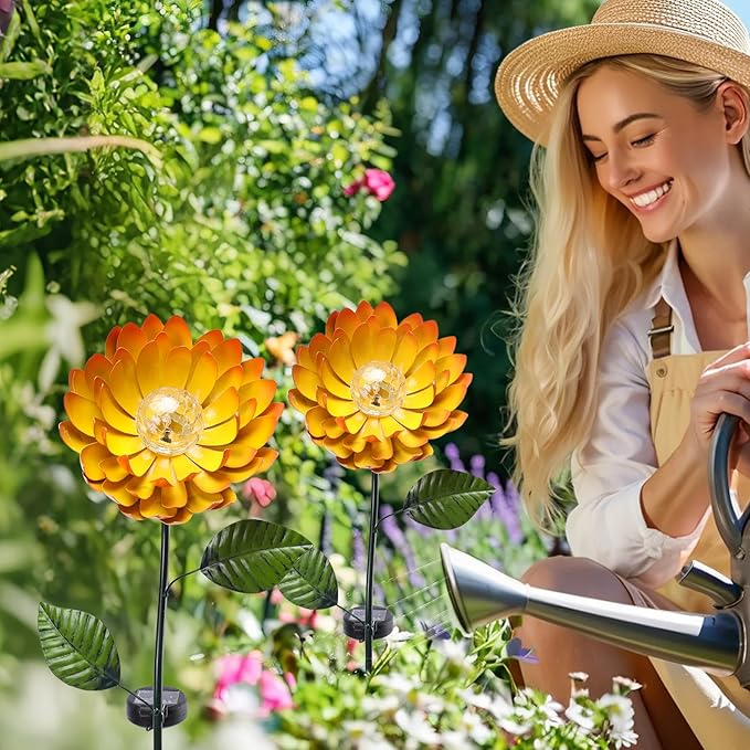 VCUTEKA Solar Garden Lights Metal Flower Decor Colorful Yellow Flowers Solar Pathway Light with LED Cracked Crystal Ball Outdoor Decorative Stake for Patio Yard Lawn-VerdiqueGarden