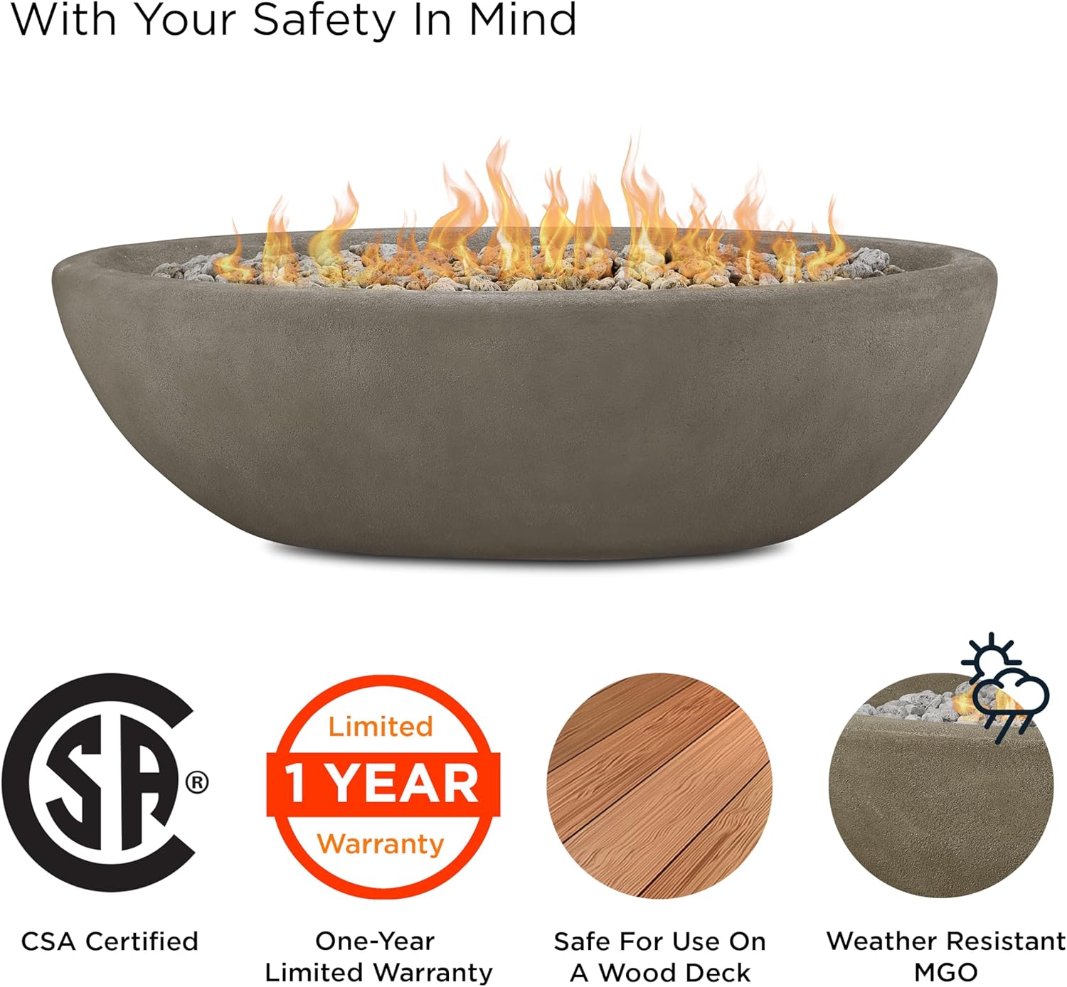 Real Flame Riverside 58" Oval Propane Fire Pit Bowl, Push-Button Ignition, Includes 28" Stainless Steel Burner, Lightweight 50,000 BTUs of Heat - Adjustable Flame Height-VerdiqueGarden
