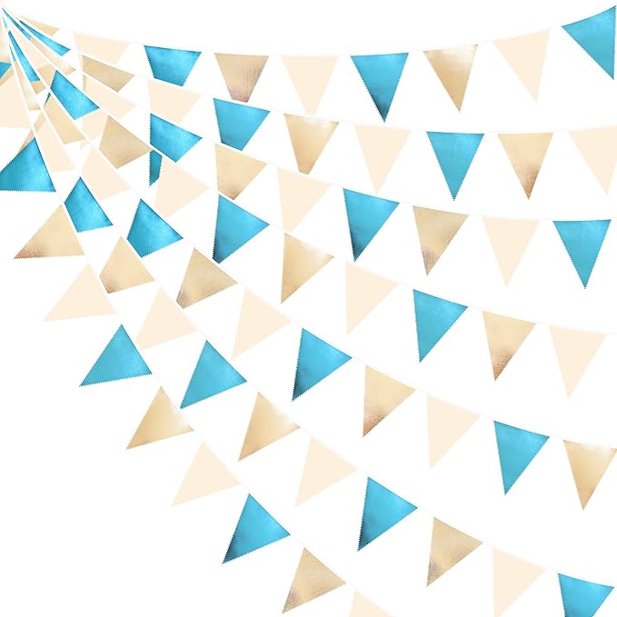 Champagne Gold Sky Blue Beige Decorations Metallic Fabric Triangle Pennant Banner Bunting Flag Garland for Birthday Baby Shower Engagement Wedding Graduation Bridal Shower Party Decorations Supplies-VerdiqueGarden