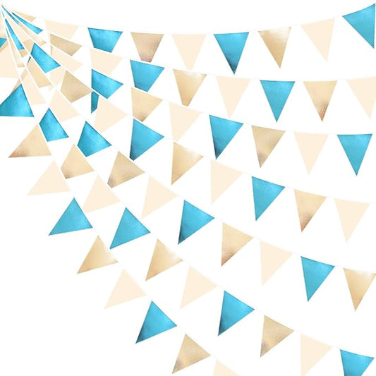 Champagne Gold Sky Blue Beige Decorations Metallic Fabric Triangle Pennant Banner Bunting Flag Garland for Birthday Baby Shower Engagement Wedding Graduation Bridal Shower Party Decorations Supplies-VerdiqueGarden