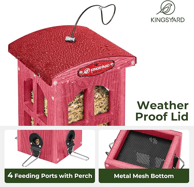 Kingsyard Upgraded Rainproof Bird Feeder for Outdoor Hanging - Metal Feeding Port, Recycled Plastic Wild Bird Feeder with Metal Mesh Tray for Goldfinch Small Bird, Garden Yard Decoration, Red-VerdiqueGarden