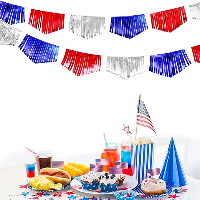 Blue Red Silver Tassel Banner Metallic Fabric Pennant Bunting Flag for 4th of July American USA National Day Patriotic Veterans Graduation Wedding Birthday Retirement Nautical Party Decorations-VerdiqueGarden