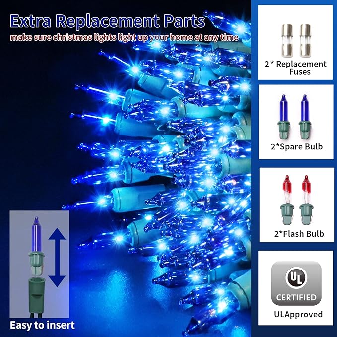 Ultra-Bright Connects End to End Blue Christmas Mini Lights 100L 19.6Ft UL Listed Incandescent Bulb String Light Set for Indoor Outdoor Holiday Garden Party Christmas Tree Garland Decor-VerdiqueGarden