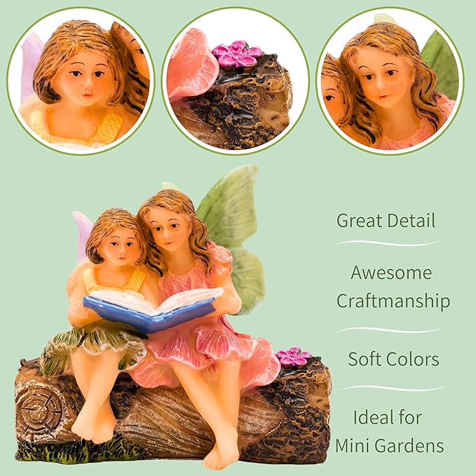 Fairies for Fairy Garden, Fairy Garden Accessories for a Garden - Garden Fairies for a Miniature Fairy Garden - Cute Fairy Garden Fairies, Sitting Sister Fairies-VerdiqueGarden