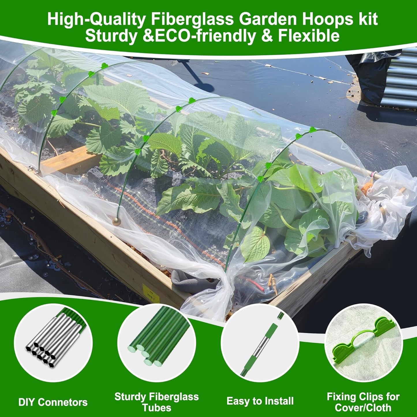 FOTMISHU Garden Hoops for Raised Beds Row Cover,6 Sets 5.6ft Grow Tunnel,Rust-Free Fiberglass Greenhouse Support Hoops Frame for Garden Mesh Netting, Outdoors Plant Growth -24PCS-VerdiqueGarden