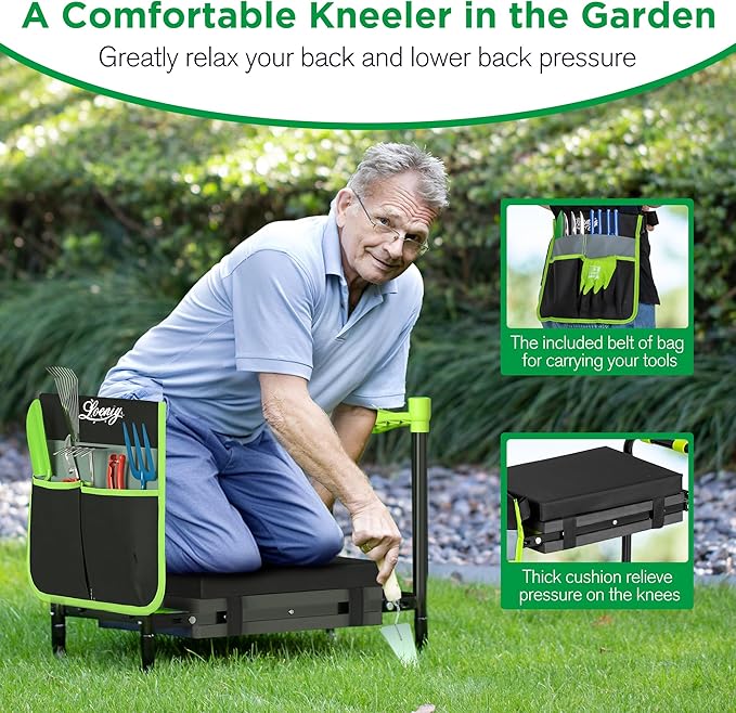 10.8” Wide Garden Kneeler and Seat, Heavy Duty Foldable Gardening Stool with Tool Belt Pouch, Included Thickened Kneeling Pad, Portable Gardening Bench Chair for Seniors & Parents-VerdiqueGarden