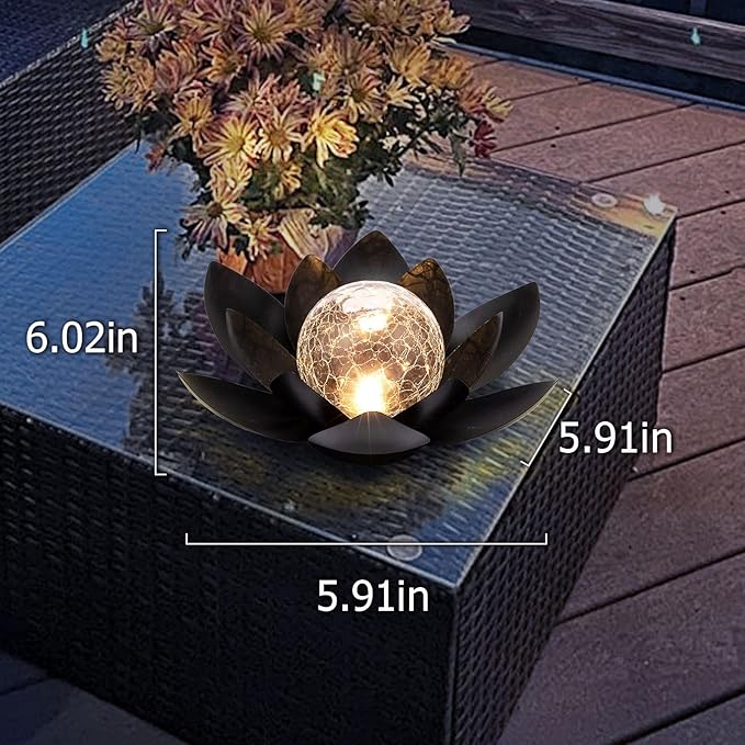 Huaxu Solar Lights Outdoor Garden Decor Metal Black Lotus Decoration, Crackle Globe Glass Waterproof LED Outside Table Lamp for Patio,Lawn, Yard,Walkway,Tabletop,Ground Gifts for Mom-VerdiqueGarden