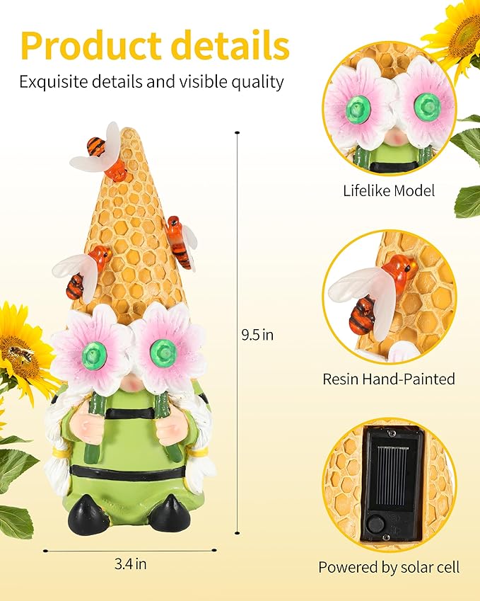 iStatue Solar Garden Gnome Figurine Light with Bees Sunflower, 9.5'' Resin Outdoor Statue for Yard Patio Decor Lawn Ornaments Porch Garden Gifts for Women/Girl (Ms Bee Gnome)-VerdiqueGarden