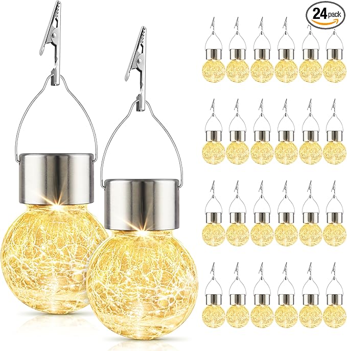 Solar Lights Outdoor Hanging Decorative Globe 24 Pack, Waterproof Solar Lantern with Handle and Clip, Solar Powered Glass Ball Lights for Garden Yard Fence Tree Umbrella Holiday Décor, Warm White-VerdiqueGarden