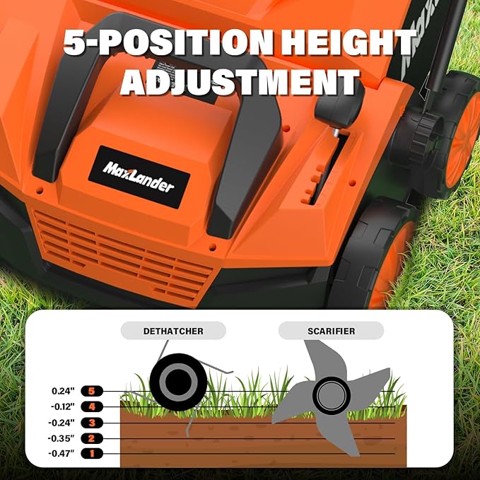 MAXLANDER 15” 13 Amp Electric Dethatcher and Scarifier, 2-in-1 Lawn Dethatcher with 5-Position Depth Adjustment, 45L Removable Collection Bag, Airboost Technology Increases Lawn Health-VerdiqueGarden