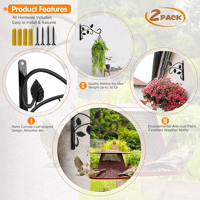 KABB 2 PCS Metal Hanging Hook Plants Brackets, 12 Inch Iron Wall Mount Bracket Durable Rust-Resistant Plant Hanger Hook for Hanging Plants Bird Feeder Wind Chimes Lantern-VerdiqueGarden