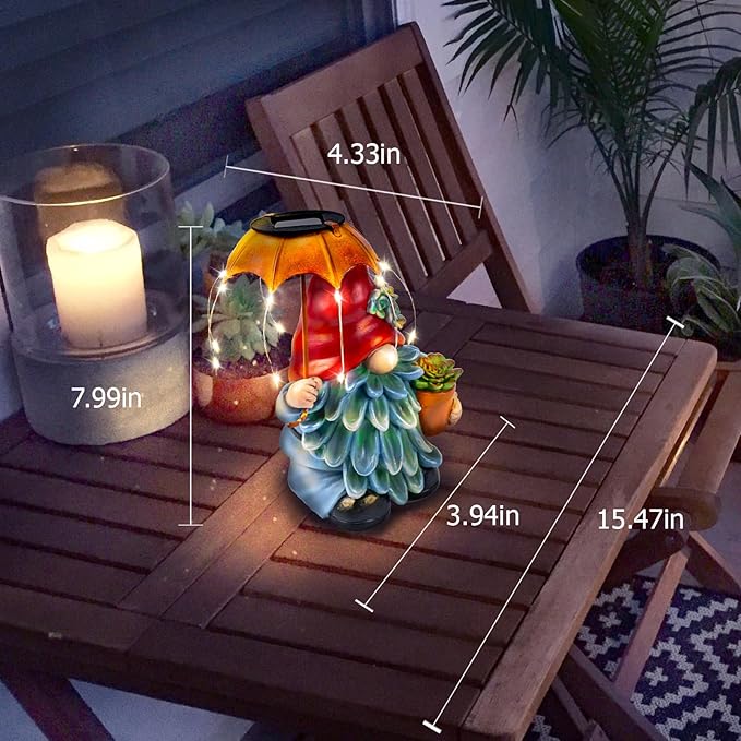 Solar Outdoor Statues Gnome Garden Decor, Garden Gnome with Solar LED Umbrella Decorative for Patio, Balcony, Lawn, Yard Ornament - Unique Gardening Gifts for Mom Grandma-VerdiqueGarden