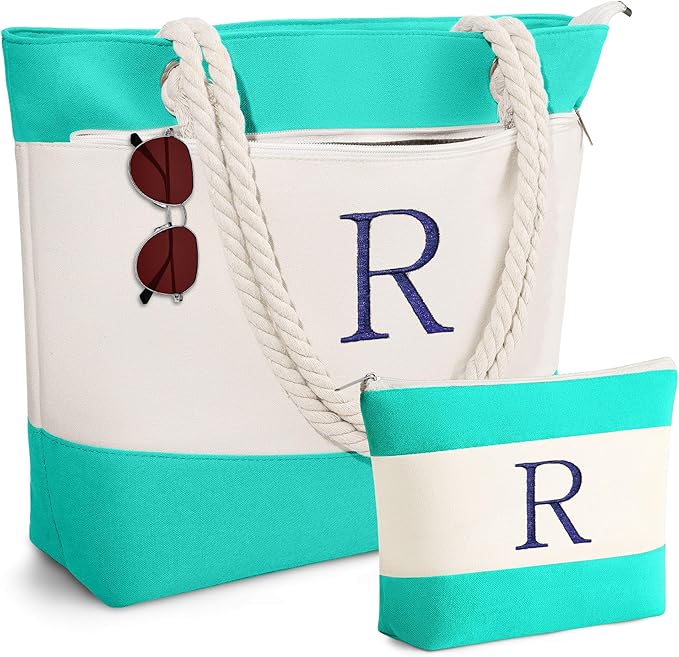 YOOLIFE Beach Bags for Women - Initial Tote Waterproof Bag with Makeup Bag, Mothers Day Gifts for Women Mom Friend Birthday-VerdiqueGarden
