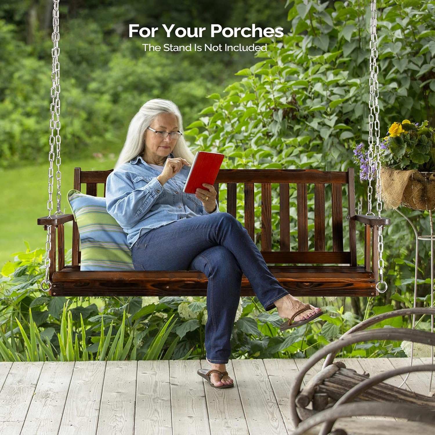 VINGLI Heavy Duty 880 LBS 5 FT Patio Wooden Porch Swing Outdoor with Upgraded Adjustable Chains, Outdoor Hanging Swing Bench for Garden, Yard, Balcony (5 FT, Rustic)-VerdiqueGarden