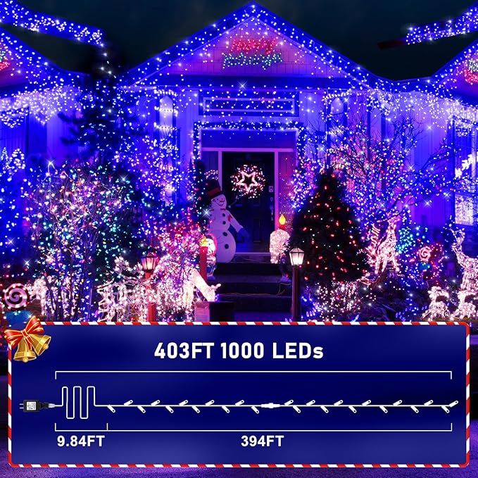 KNONEW 403ft 1000 LED String Lights Outdoor Christmas Light 8 Modes & Timer Fairy Lighting Plug in Waterproof for Xmas Yard Tree Wedding Party Holiday Decorations (Blue)-VerdiqueGarden