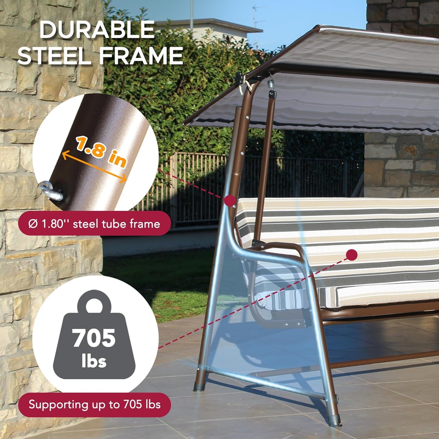 SUNJOY 3-4 Seat Luxury Outdoor Porch Swing, Steel Patio Swing with Elastic Metal Mesh Seat, Convertible Design, Cushion and Adjustable Canopy for Garden, Poolside, Backyard, Bronze - Made in Italy-VerdiqueGarden